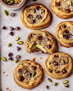 Stack of golden brown butter pistachio cookies with chocolate chips and sea salt, one with bite showing pistachio cream center