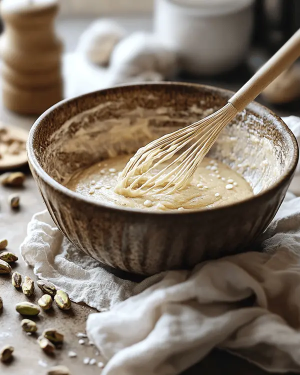 Mixing browned butter and sugars in a bowl with pistachios and white chocolate nearby.