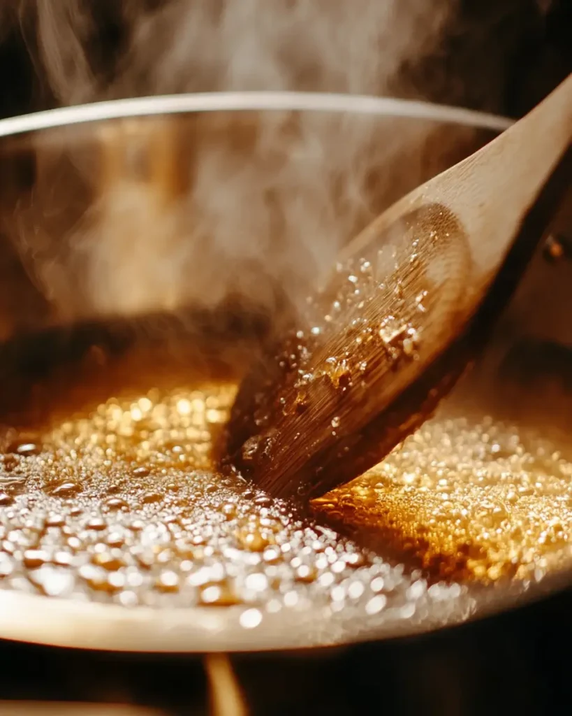 Brown butter cooking in saucepan with golden brown bits forming at the bottom, being stirred with wooden spoon