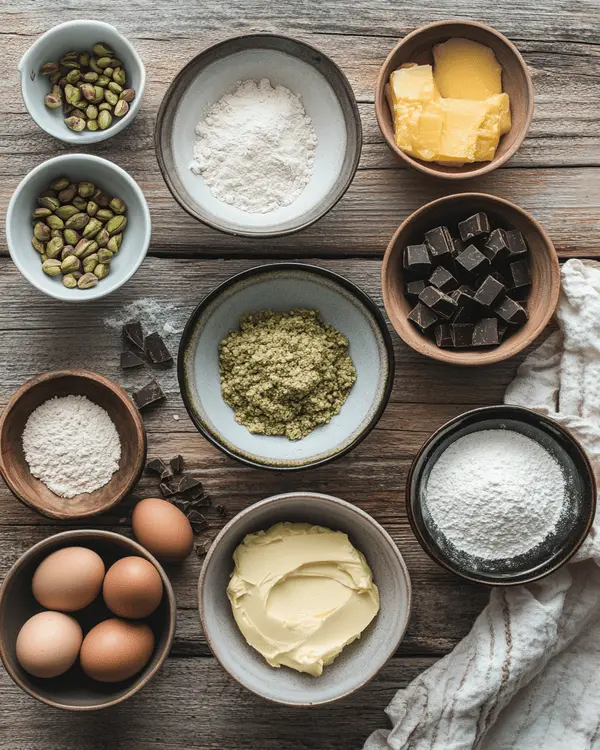 Pistachio Butter Cookies: Ultimate Recipe 2 Flat lay of ingredients for pistachio butter cookies, including pistachio cream, brown butter, chocolate, and chopped pistachios.