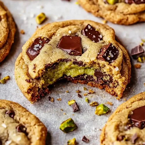 Close-up hero shot of brown butter pistachio cream cookie broken in half revealing creamy pistachio filling and chocolate chunks
