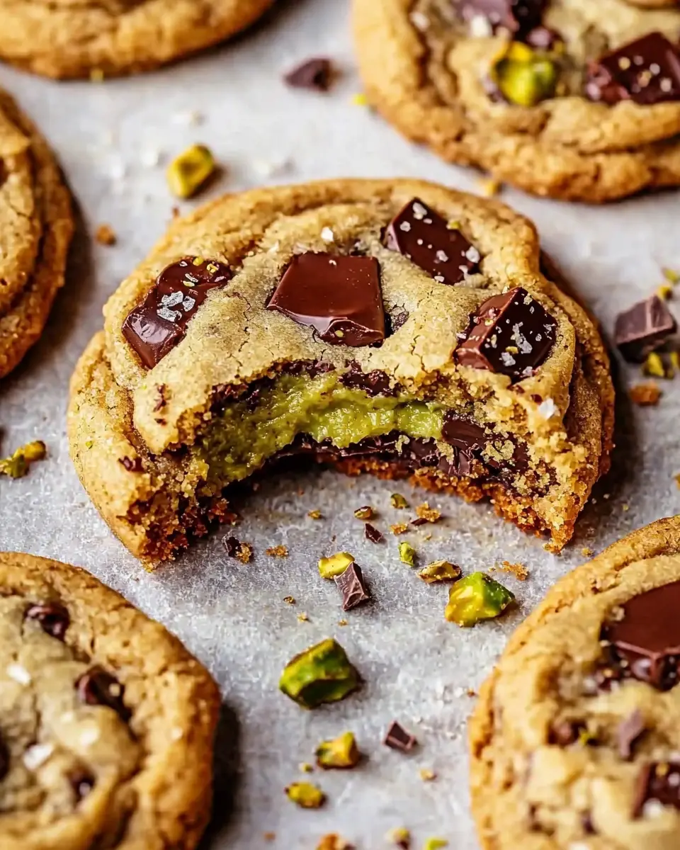 Close-up hero shot of brown butter pistachio cream cookie broken in half revealing creamy pistachio filling and chocolate chunks