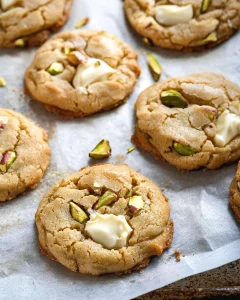 Hero image of gooey brown butter pistachio white chocolate cookies with melted white chocolate and pistachios.