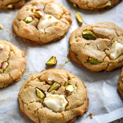 Hero image of gooey brown butter pistachio white chocolate cookies with melted white chocolate and pistachios.