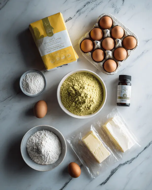 Pistachio Ooey Gooey Butter Cake Recipe 2 Ingredients for pistachio ooey gooey butter cake including cake mix, pistachio pudding, butter, cream cheese, and eggs arranged on marble counter