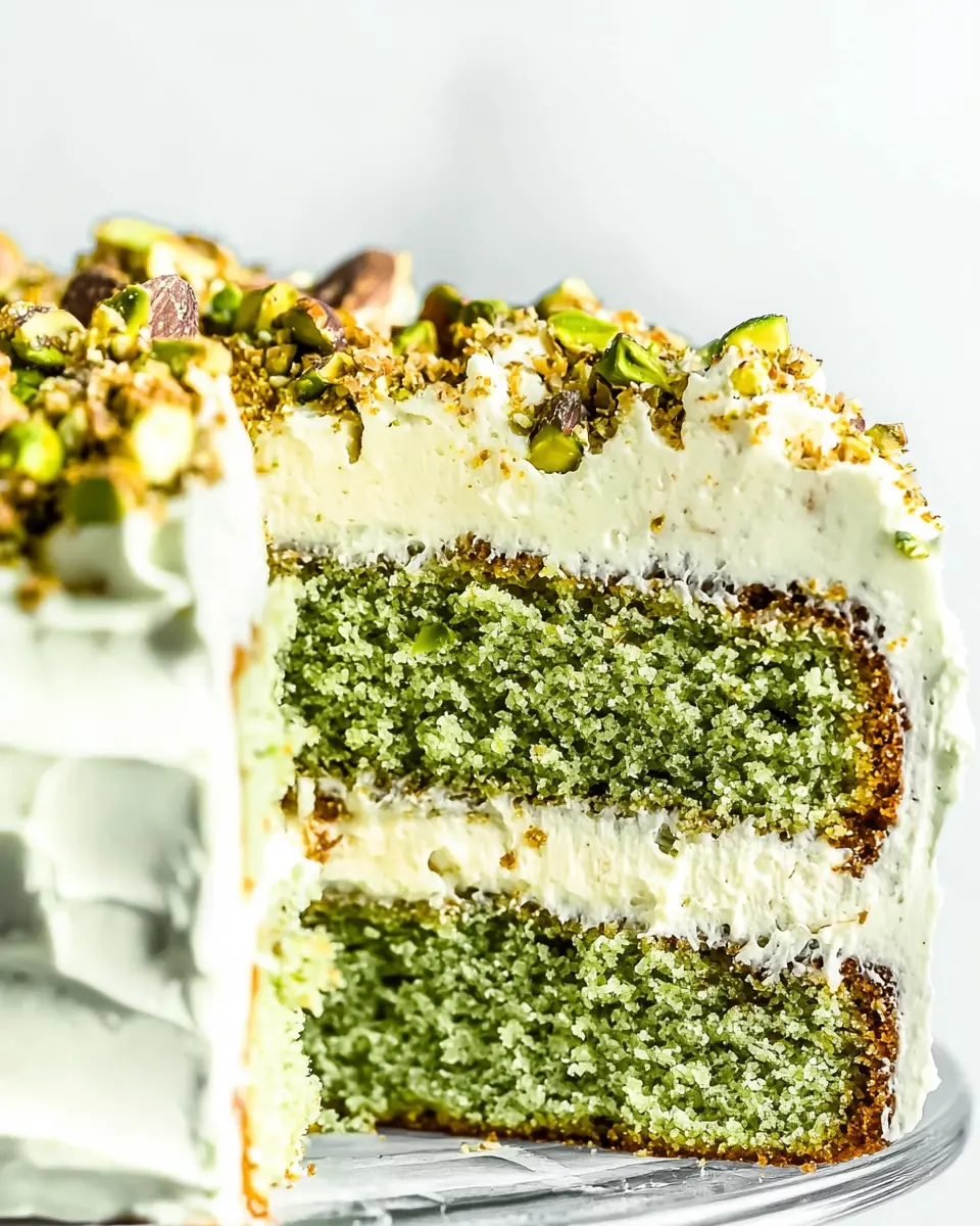 Ultimate Cake with Pistachio Butter Recipe 1 A whole cake with pistachio butter topped with buttercream and chopped pistachios.