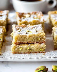 Hero image of a baked cream pistachio gooey butter cake with golden edges and green pistachio swirls.