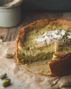 Whole gooey pistachio butter cake in a pan with a golden, cracked cream cheese top.