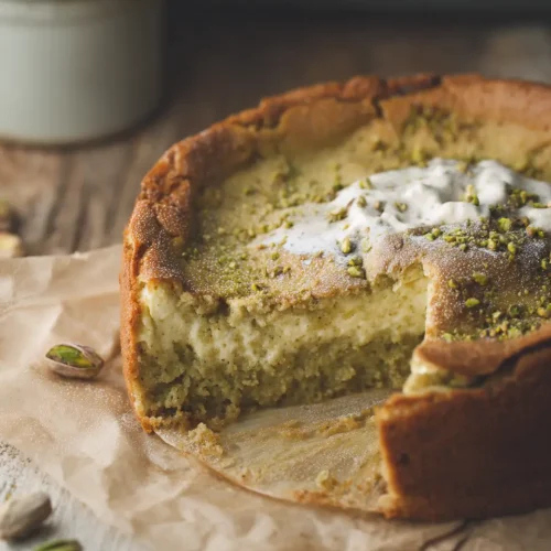 Whole gooey pistachio butter cake in a pan with a golden, cracked cream cheese top.