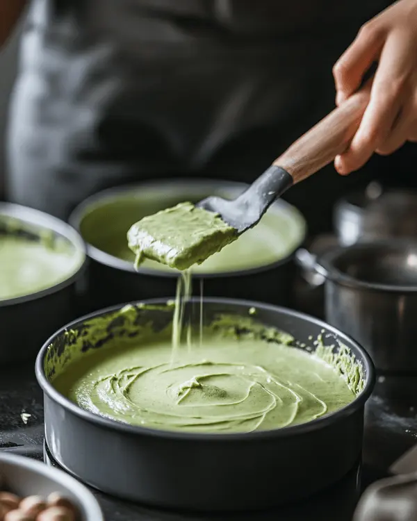 Ultimate Cake with Pistachio Butter Recipe 3 Pouring pistachio cake batter into pans during the baking process.