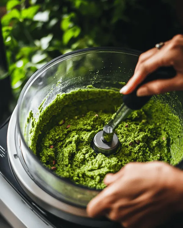 Pistachio Cream vs Butter: Ultimate Guide 3 Partially processed pistachio cream in a food processor showing creamy texture forming with visible nut pieces