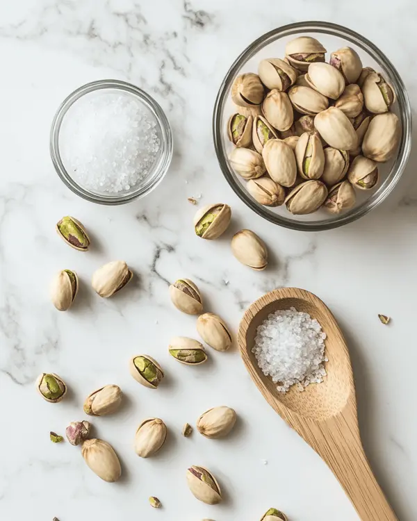 Pistachio Butter Recipes: Homemade Magic 2 Raw shelled pistachios and sea salt ingredients for homemade pistachio butter recipe on marble countertop