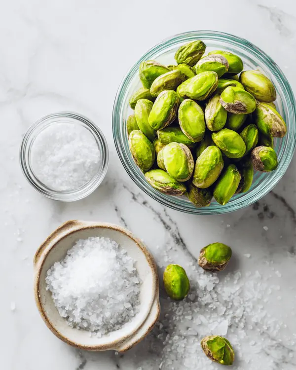 How Do You Make Homemade Pistachio Butter 2 Raw shelled pistachios in glass bowl with sea salt for homemade pistachio butter recipe