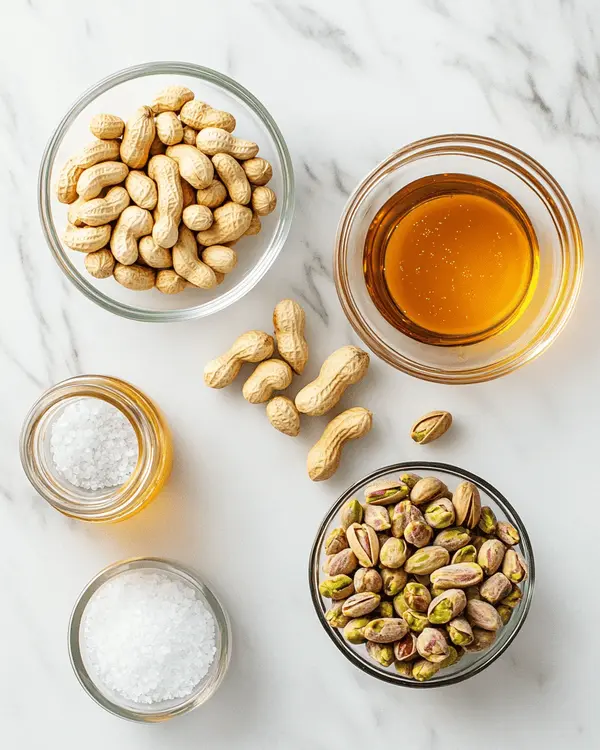 Peanut Butter Pistachio: Homemade Nut Butter 2 Ingredients for homemade peanut butter pistachio spread including roasted peanuts, shelled pistachios, sea salt, honey, and neutral oil arranged on marble counter