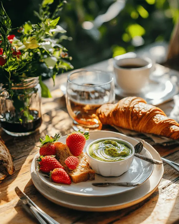 Sweet Pistachio Butter: Ultimate Spread Recipe 4 Sweet pistachio butter spread on toasted bread with fresh strawberries and croissant for gourmet breakfast