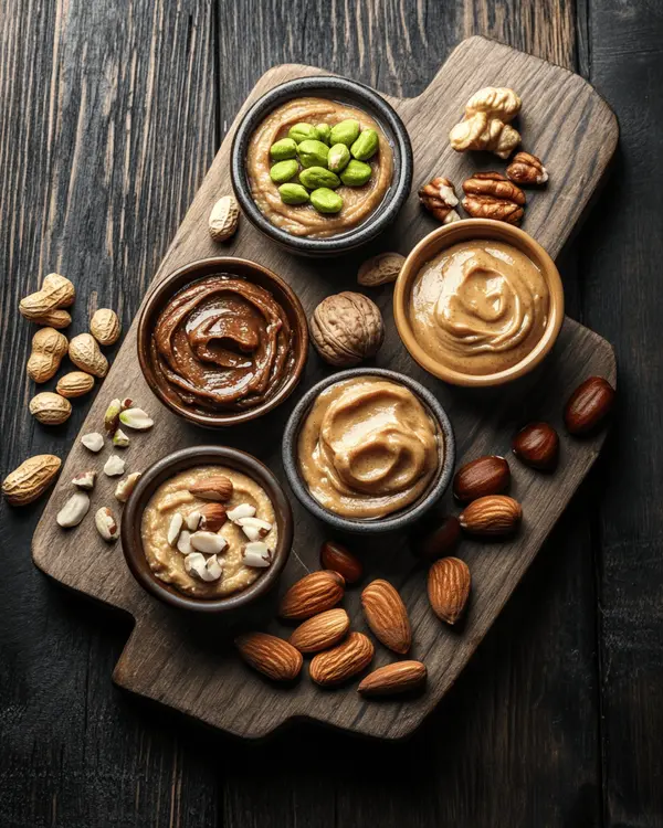 Pistachio Butter Calories: Nutritional Secrets 2 A selection of nut butters in ceramic bowls with their whole nuts next to them
