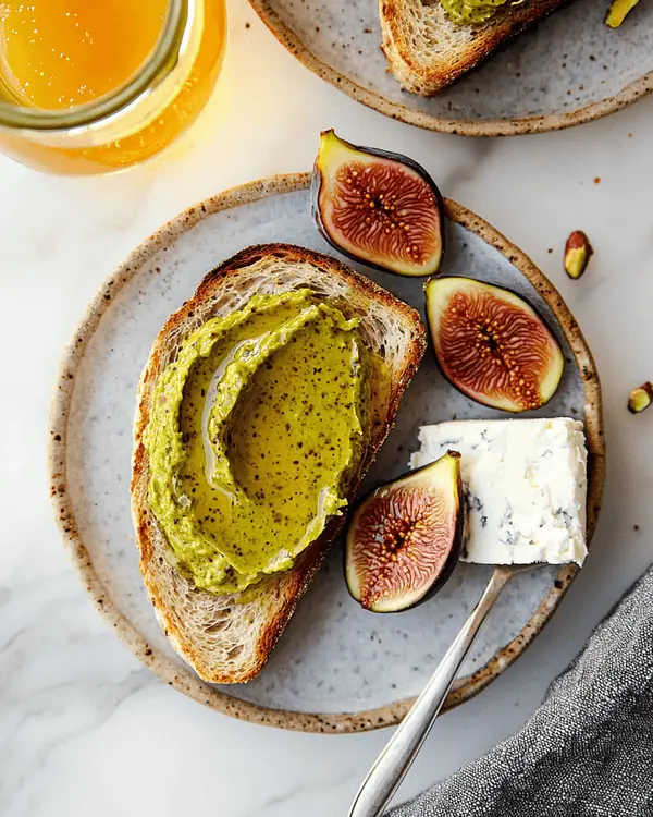 Pistachio Butter for Dubai Chocolate 4 Pistachio butter served on crackers with honey on a casual kitchen table