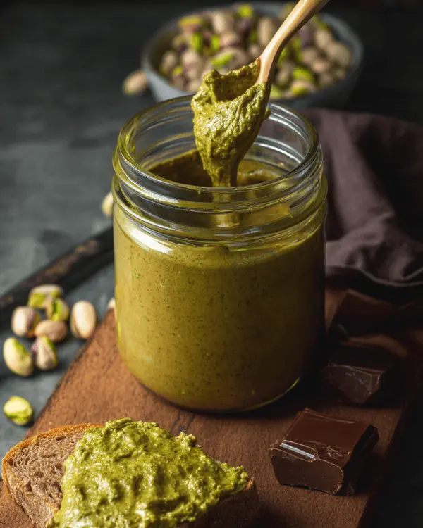 How to Make Pistachio Butter for Dubai Chocolate 4 Homemade pistachio butter in glass jar served with bread and Dubai chocolate pieces