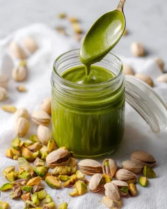 Jar of homemade pistachio butter for dubai chocolate with spoon, glowing in natural light.