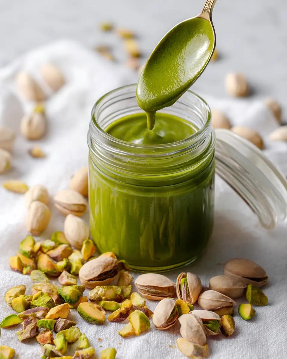 Homemade Pistachio Butter for Dubai Chocolate 1 Jar of homemade pistachio butter for dubai chocolate with spoon, glowing in natural light.