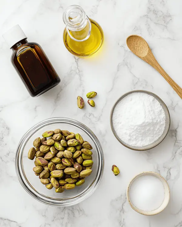 Pistachio Butter or Cream for Dubai Chocolate 2 Raw shelled pistachios, powdered sugar, heavy cream, and other ingredients arranged on marble countertop for making pistachio butter or cream for Dubai chocolate