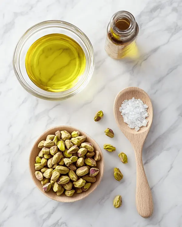 Best Pistachio Butter for Dubai Chocolate 2 Fresh pistachio nuts, neutral oil, and salt arranged on marble countertop for homemade pistachio butter recipe