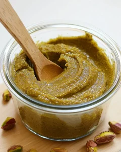 Glass jar filled with smooth, vibrant green homemade pistachio nut butter with wooden spoon and scattered pistachios