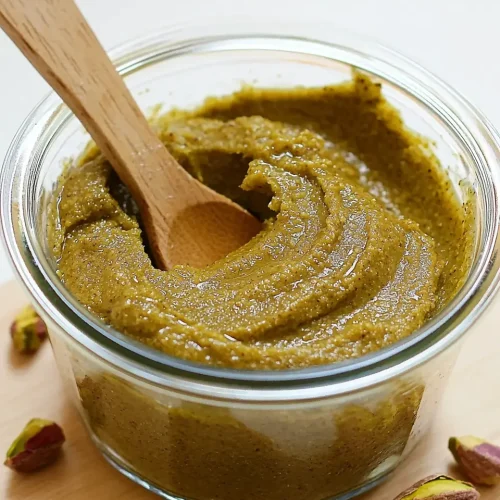 Glass jar filled with smooth, vibrant green homemade pistachio nut butter with wooden spoon and scattered pistachios