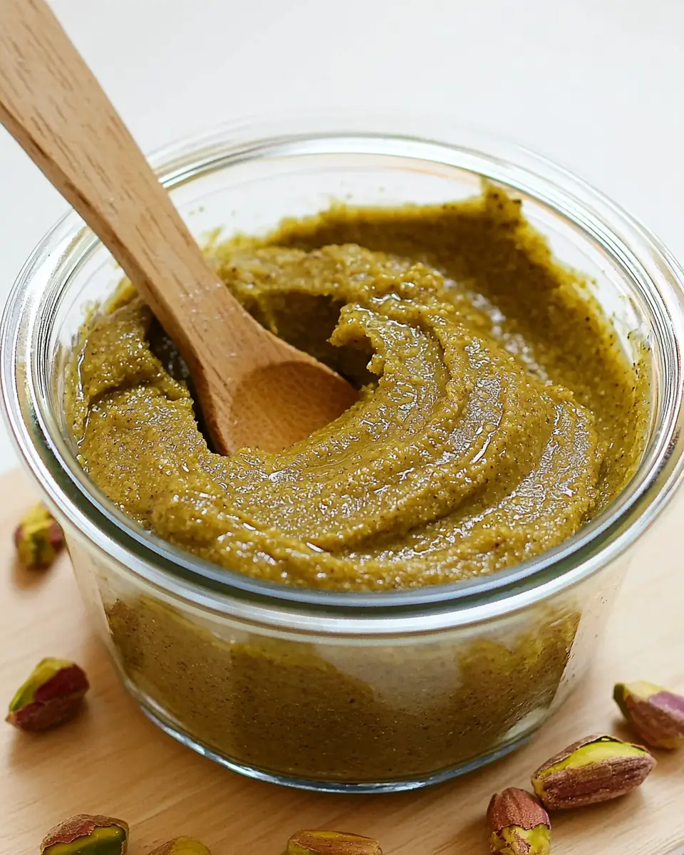 Glass jar filled with smooth, vibrant green homemade pistachio nut butter with wooden spoon and scattered pistachios