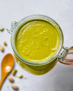 Jar of homemade pistachio butter with wooden spoon and scattered pistachios showing creamy green texture, how do you make homemade pistachio butter