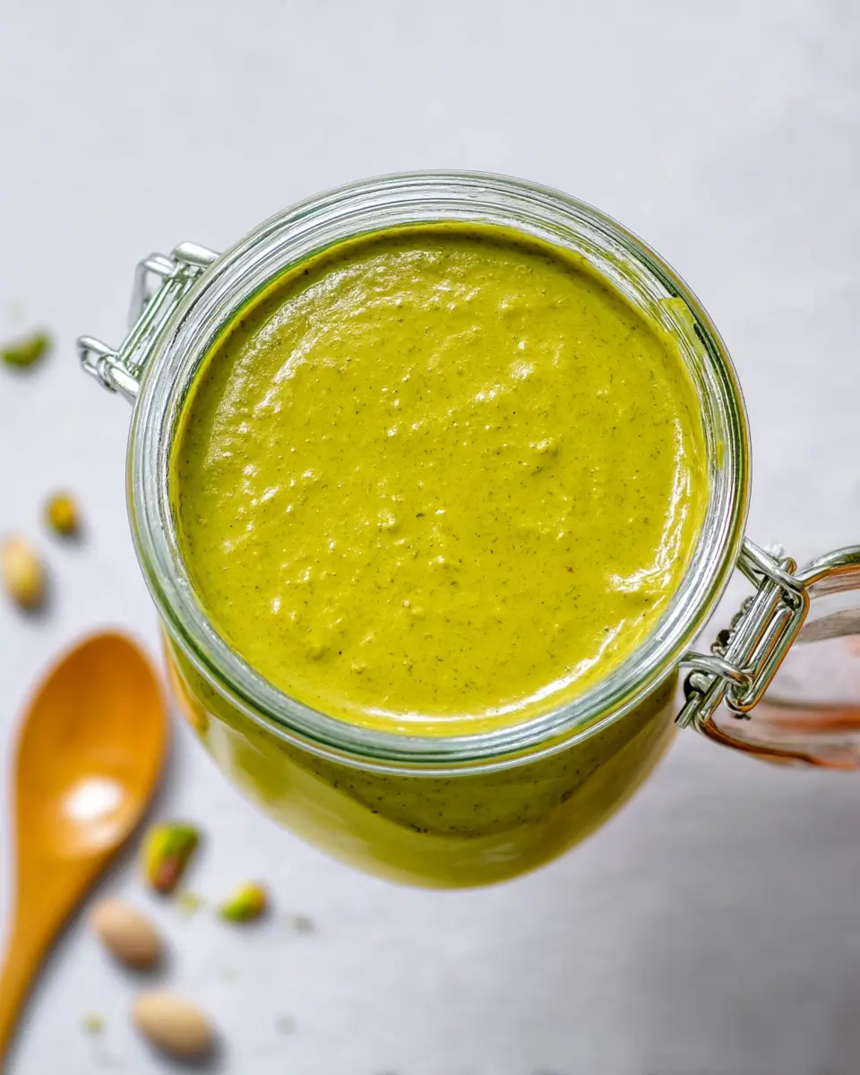How Do You Make Homemade Pistachio Butter 1 Jar of homemade pistachio butter with wooden spoon and scattered pistachios showing creamy green texture, how do you make homemade pistachio butter