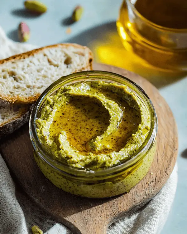 How to Make Homemade Pistachio Butter 4 Homemade pistachio butter spread on toasted artisan bread with honey drizzle on wooden serving board