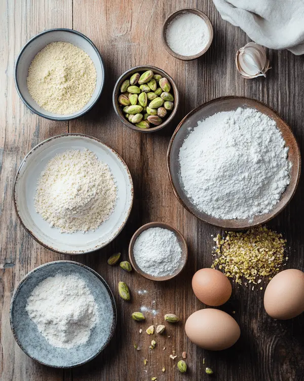 Pistachio Cake with Pistachio Butter 2 Flat lay of fresh ingredients for making pistachio cake with pistachio butter.
