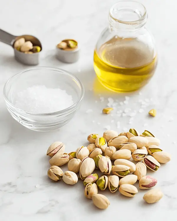 How to Make Homemade Pistachio Butter 2 Raw shelled pistachios, sea salt, and neutral oil arranged on marble countertop for homemade pistachio butter recipe
