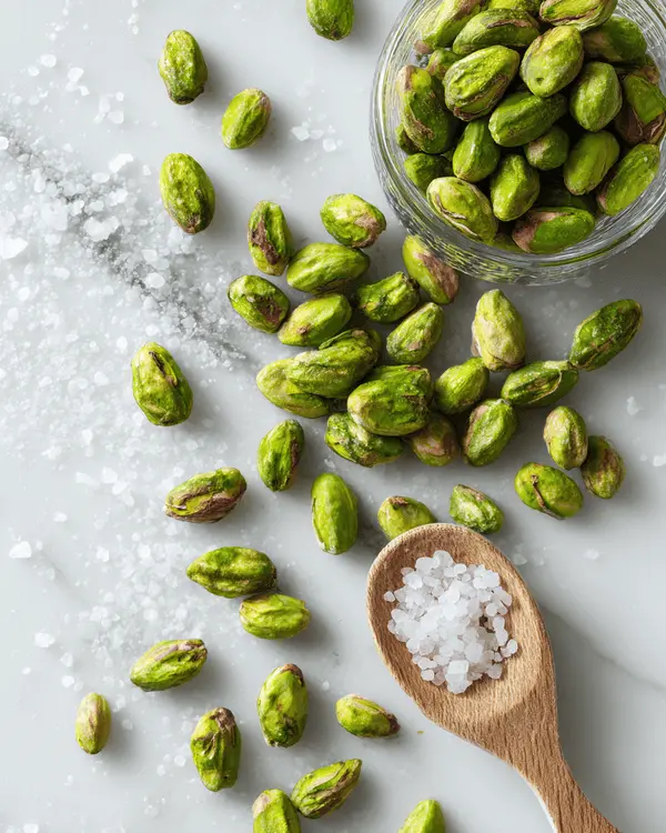 How to Make Pistachio Butter for Dubai Chocolate 2 Raw shelled pistachios and flaky sea salt on marble surface - ingredients for homemade pistachio butter