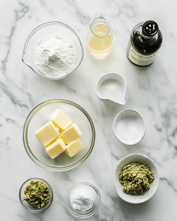 Pistachio Buttercream: Creamy Frosting Recipe 2 Pistachio buttercream ingredients including softened butter, pistachio paste, powdered sugar, vanilla extract, and milk arranged on marble countertop