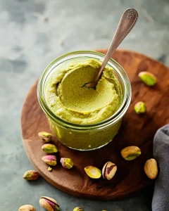 How to make pistachio butter, a dreamy glass jar of pistachio butter with pistachio shells on a wooden counter.
