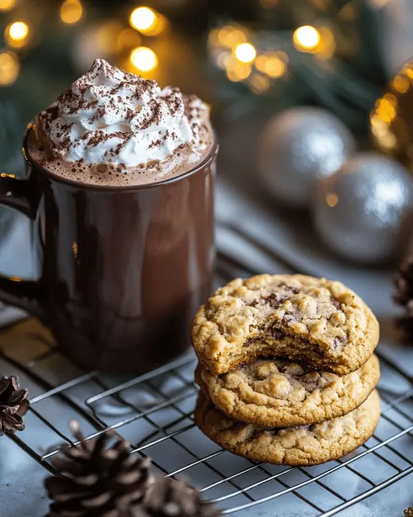 Peanut Butter Cookies in Air Fryer 4 Peanut butter cookies on a cooling rack served with hot chocolate