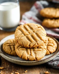 Freshly baked peanut butter cookies in air fryer on a plate with a glass of milk