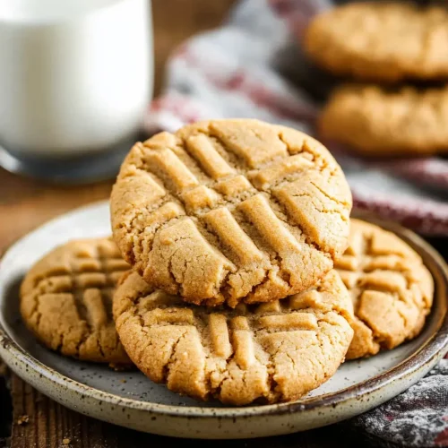 Freshly baked peanut butter cookies in air fryer on a plate with a glass of milk