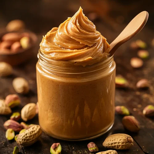Peanut Butter Pistachio: Homemade Nut Butter 5 Glass jar of homemade peanut butter pistachio spread with wooden spoon and scattered nuts, professional food photography with warm lighting