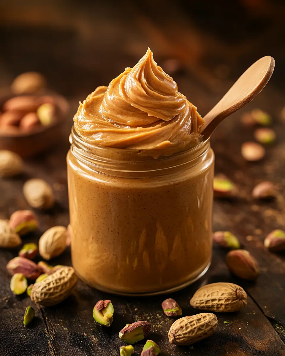 Peanut Butter Pistachio: Homemade Nut Butter 1 Glass jar of homemade peanut butter pistachio spread with wooden spoon and scattered nuts, professional food photography with warm lighting