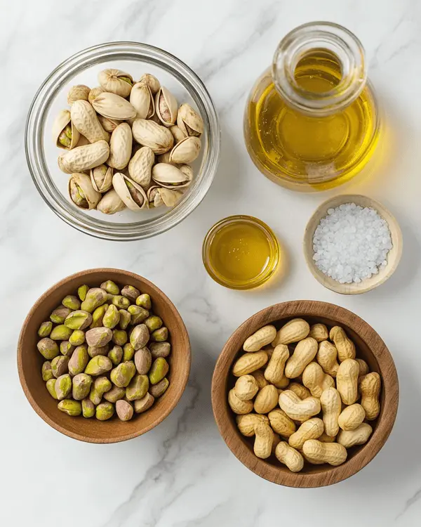 Ultimate Pistachio Peanut Butter 2 Ingredients for homemade pistachio peanut butter including pistachios, peanuts, sea salt, honey, and oil arranged on marble countertop