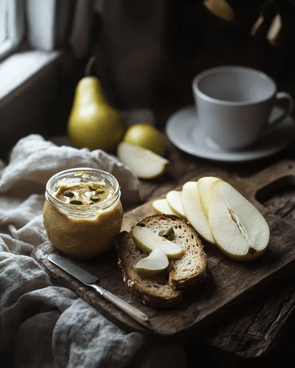 Ultimate Pistachio Peanut Butter 4 Pistachio peanut butter spread on sourdough toast with fresh pear slices on rustic wooden board with coffee cup