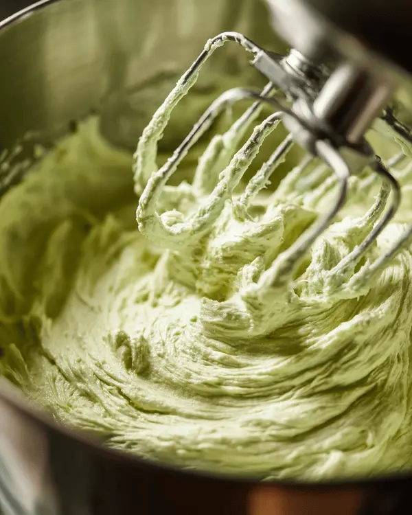 Ultimate Pistachio Cream Butter Recipe 3 Stand mixer whipping pale green pistachio cream butter to fluffy, smooth consistency in stainless steel bowl