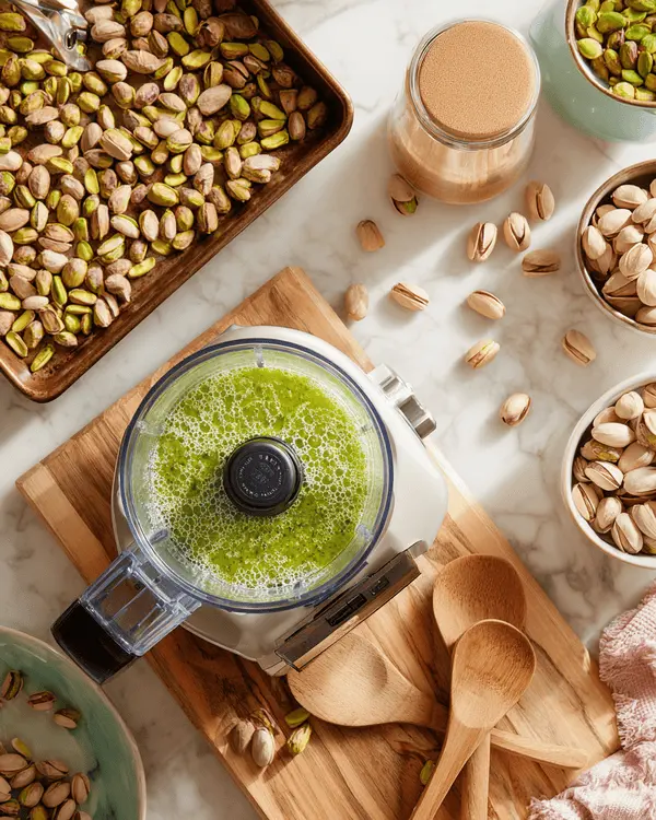 Homemade Pistachio Butter for Dubai Chocolate 3 Step-by-step process of making pistachio butter with toasted nuts and food processor.