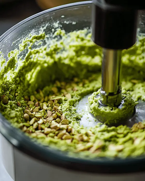 Pistachio Butter or Cream for Dubai Chocolate 3 Food processor transforming raw pistachios into smooth, creamy pistachio butter with rich green color and perfect consistency