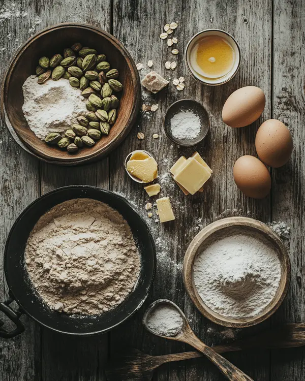 Flat lay of ingredients for brown butter pistachio white chocolate cookies on a rustic wooden table.