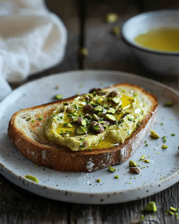 Pistachio Butter Recipes: Homemade Magic 4 Pistachio butter spread on toasted sourdough bread with honey drizzle and crushed pistachio garnish on white plate