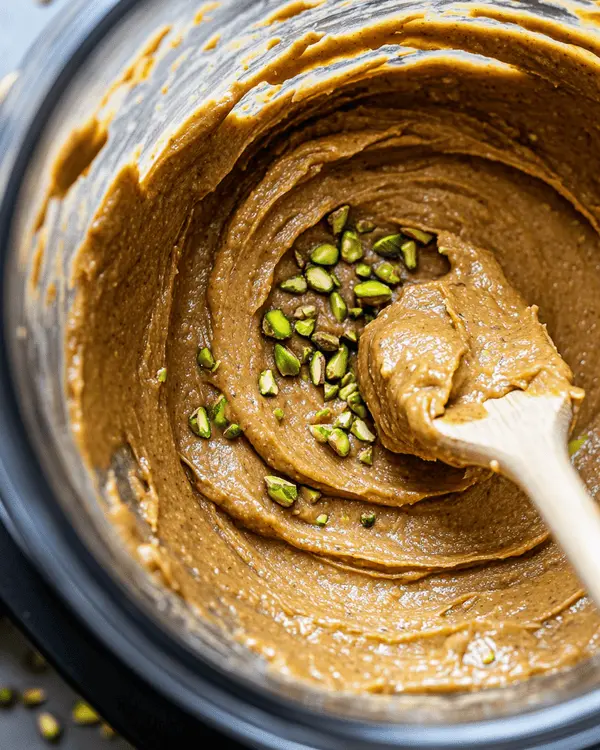 Peanut Butter Pistachio: Homemade Nut Butter 3 Food processor bowl containing smooth peanut butter pistachio mixture during blending process, showing creamy texture with green pistachio pieces
